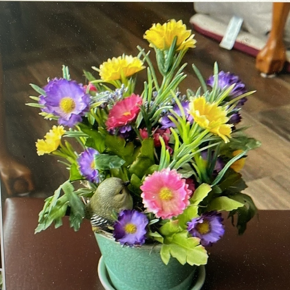 Colorful Floral Arrangement in Green ceramic Pot